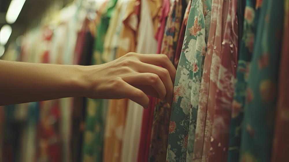 A hand brushing hanging kimono silks