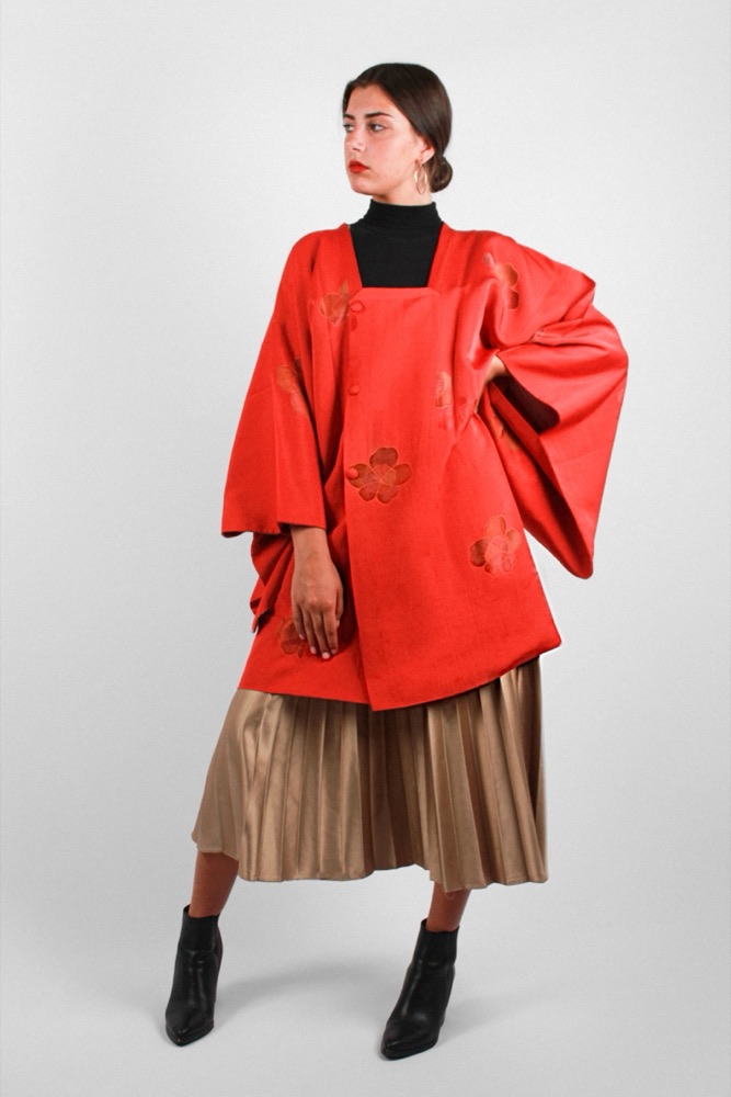The look — haori styled over a black top and satin skirt